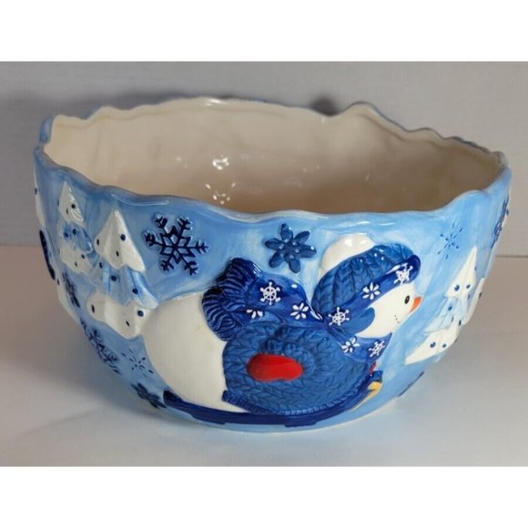 Christmas Snowman in Sweater Blue Snowflake Large Serving Bowl Homespun Holiday - Picture 2 of 10
